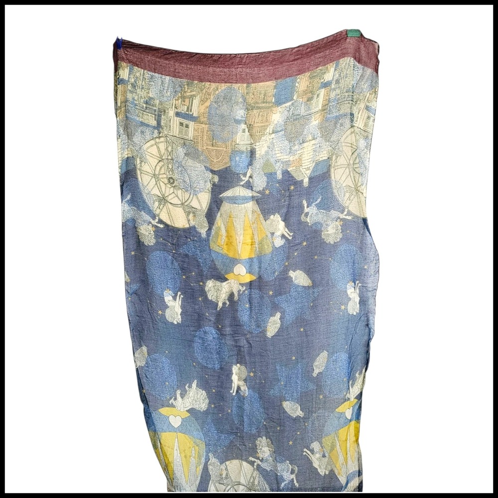 Viscose Scarf Whimsical Print Lightweight Shawl Wrap Blue Yellow